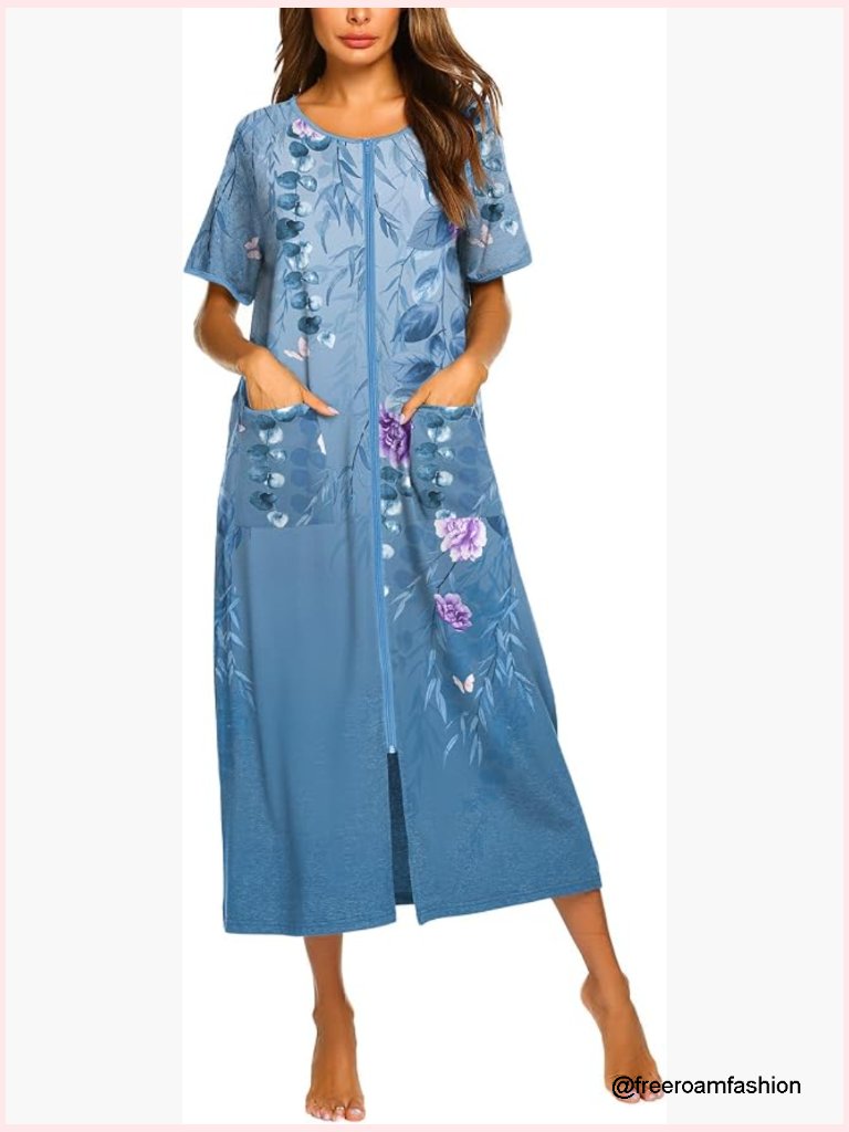 Women's Zipper Front Short Sleeve Full Length Housecoat Loungewear